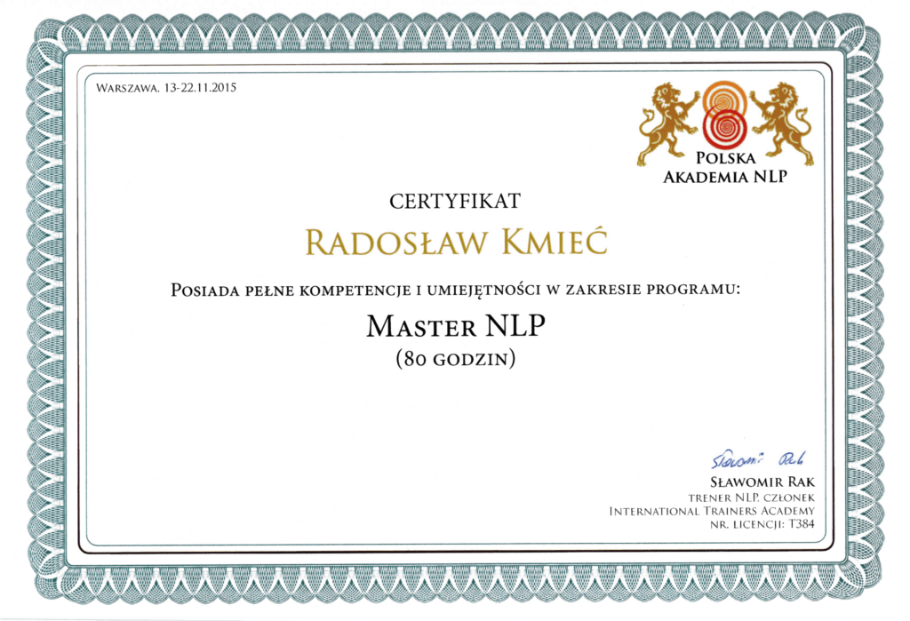 Certyfikat Radosław Kmieć Master NLP