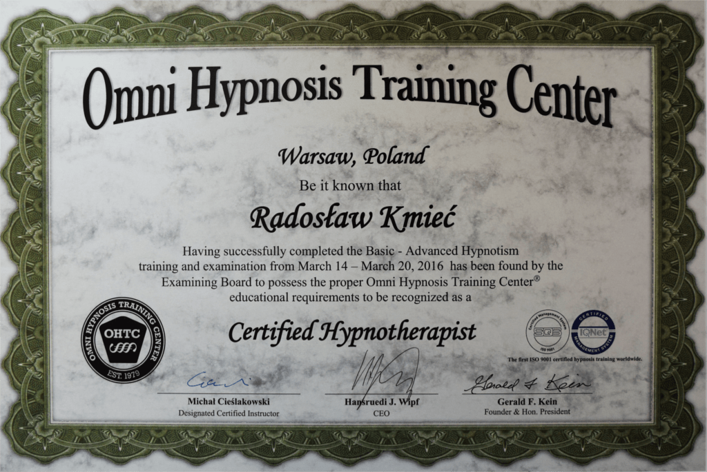 Certyfikat Radosław Kmieć Omni Hypnosis Training Center