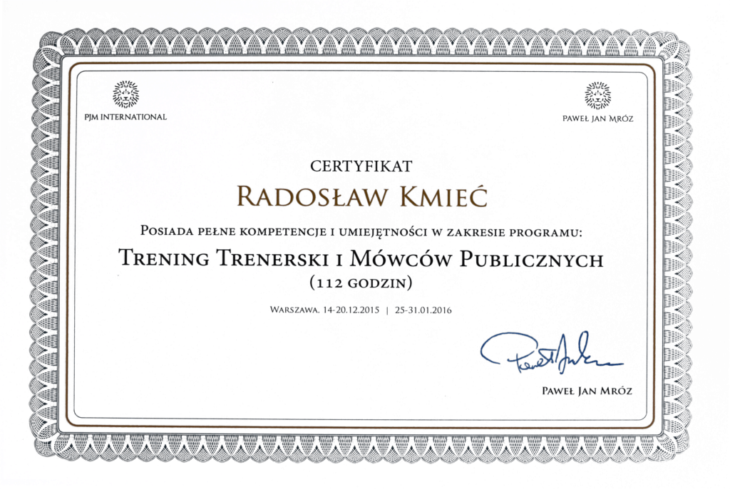 Certyfikat Radosław Kmieć trening trenerski i mówców publicznych